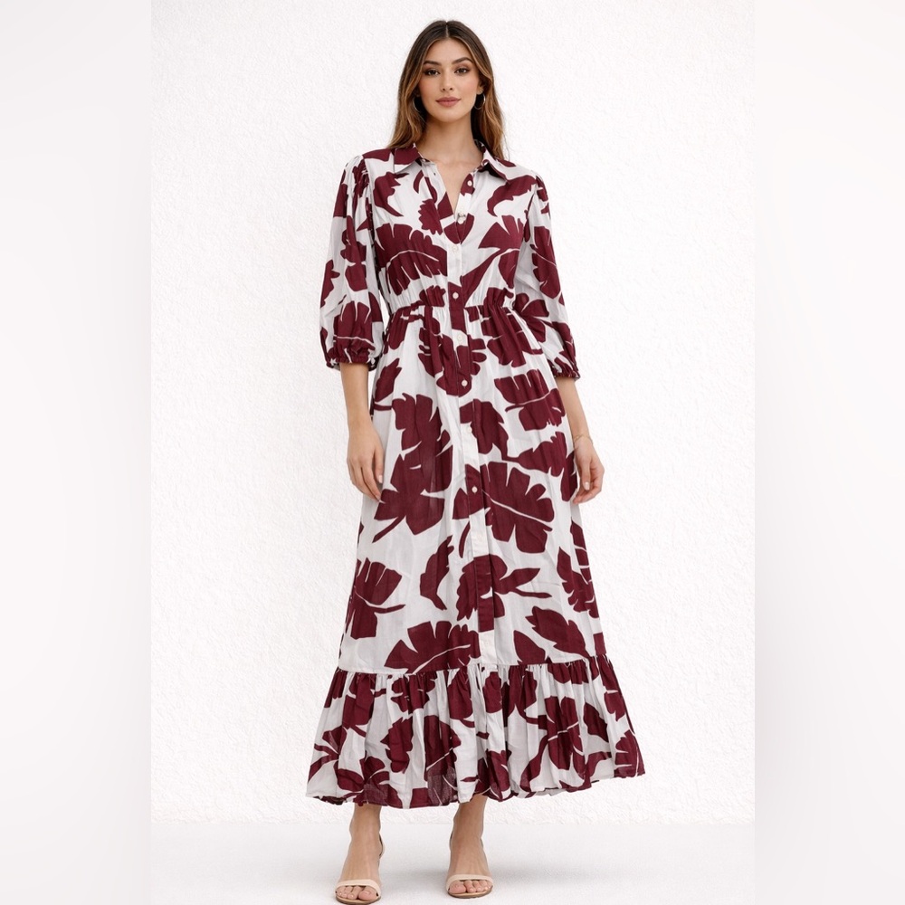 Zara White Maxi Dress with Burgundy Leaf Print NWT